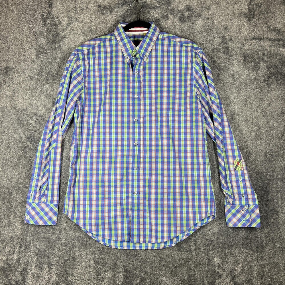 Robert Graham Shirt Mens L Blue Plaid Long Sleeve Button Up Slim Cotton